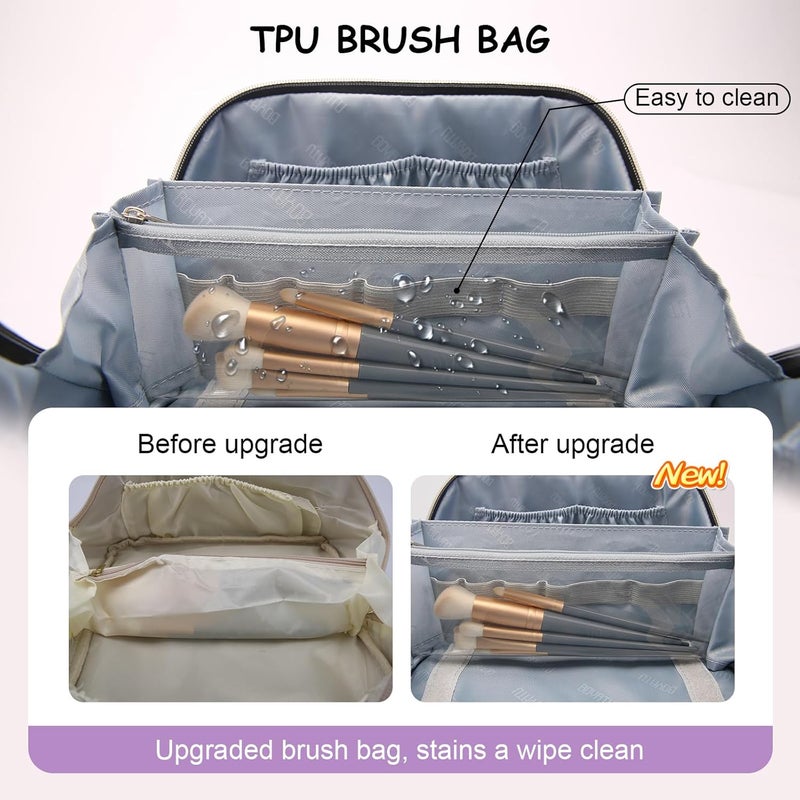 BOYATU Travel Makeup Bags for Women: 3 Pcs Set Wide Open Cosmetic Bag - Portable Make up Bags with Handle - Vegan Leather Toiletry Organizer Bag with Divider (G-01-Purple) - Image 4